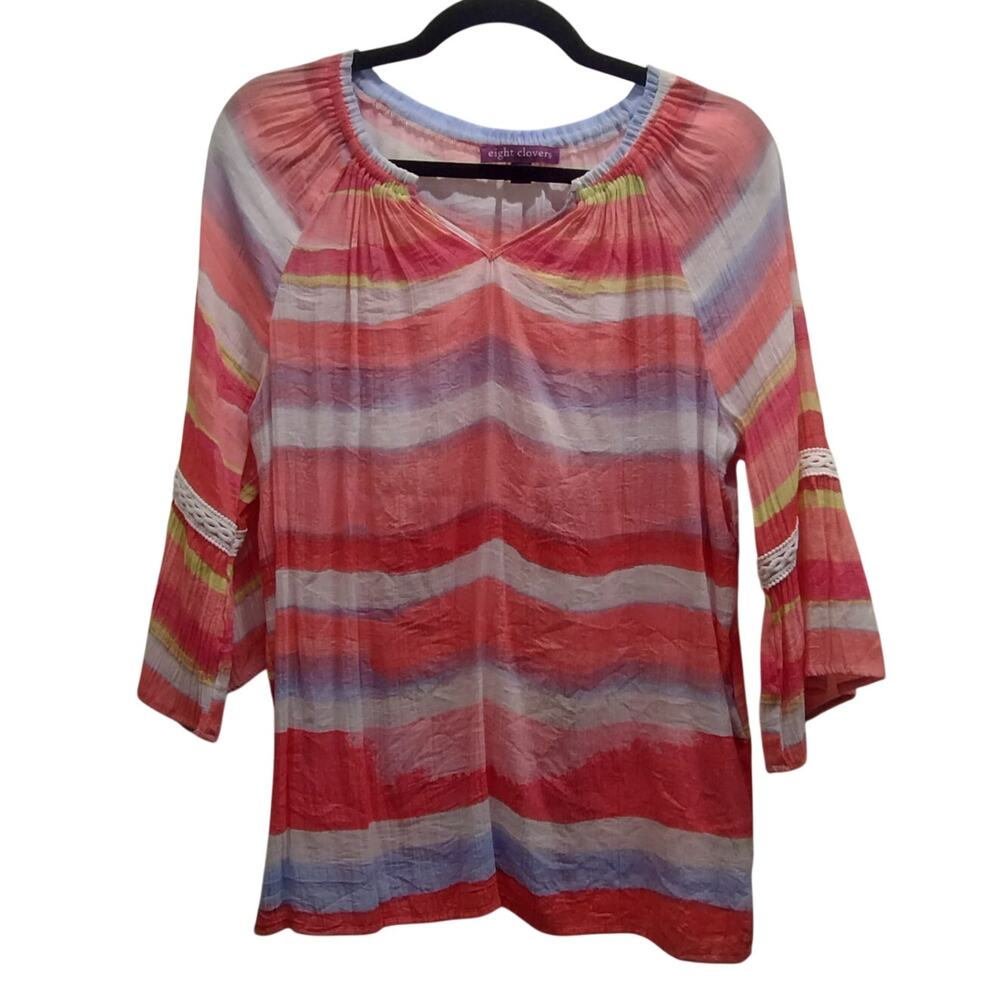 Eight Clovers Women's Size Medium Colorful Striped Bell Sleeve Split Neck Top